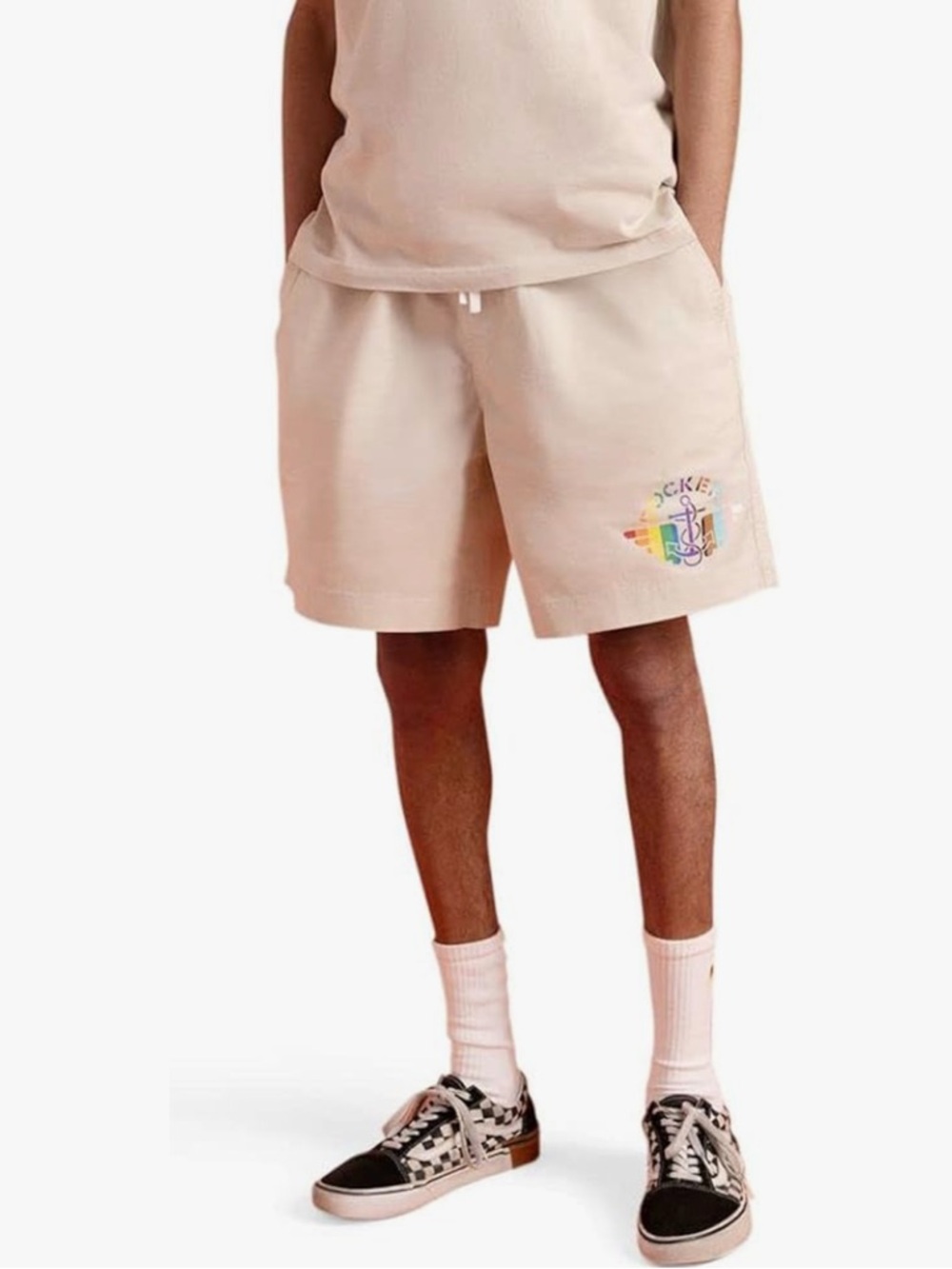 Dockers Pride Unisex Beige Drawstring Straight Leg Shorts with Rainbow Logo
